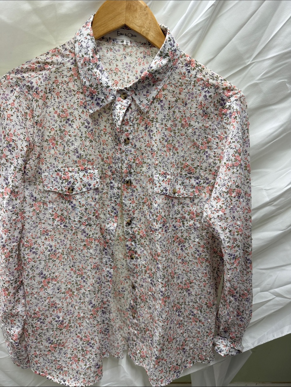 Coldwater Creek Floral Button-Up Shirt - Pink, Purple on Cream